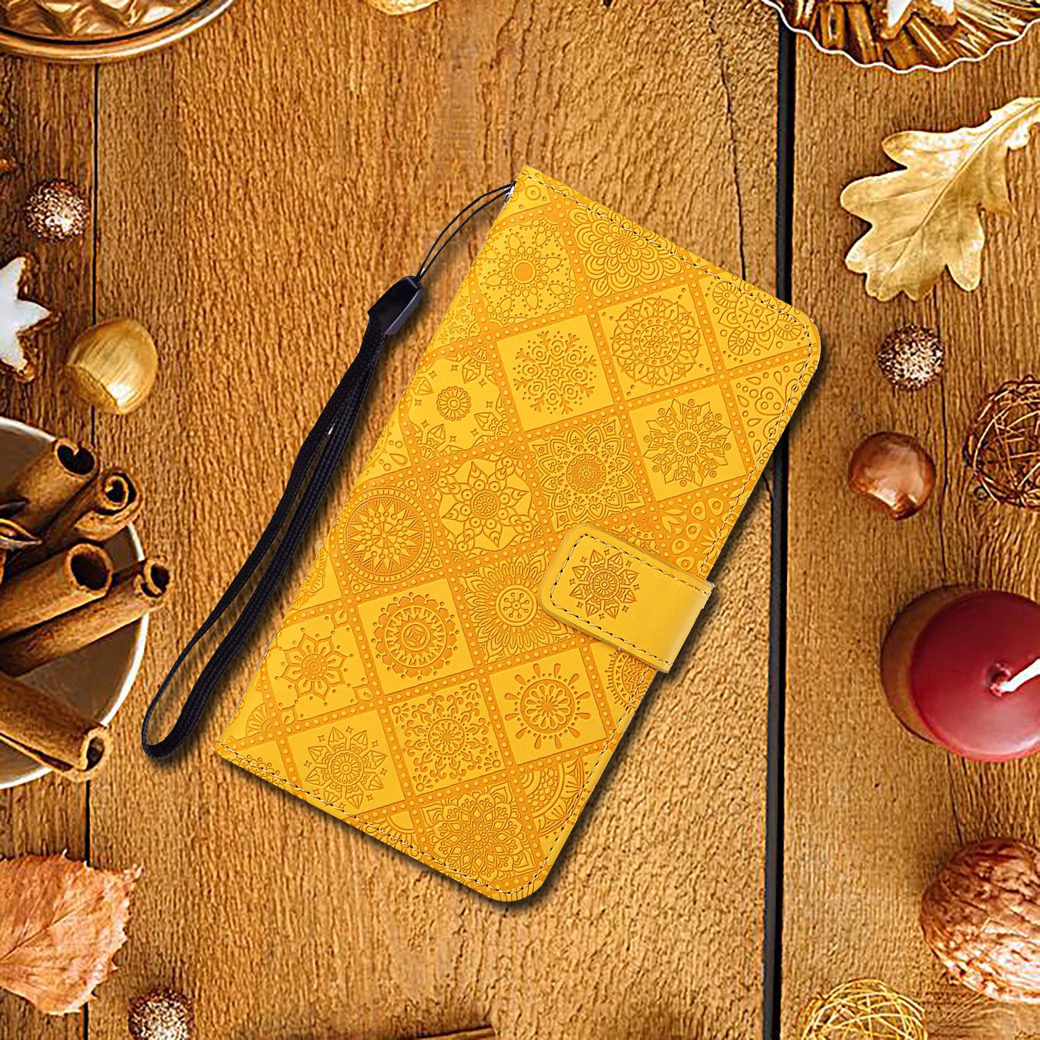 For Samsung Galaxy A55 5G Case PU Leather+TPU Ethnic Style Phone Wallet Cover - Yellow For Samsung Galaxy A55 5G Case PU Leather+TPU Ethnic Style Phone Wallet Cover - Yellow